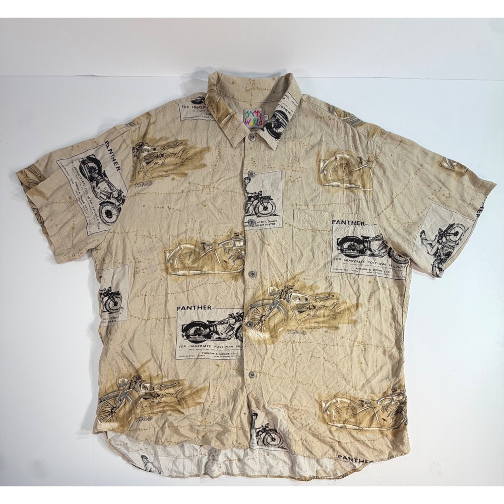 Jams World Vintage Motorcycle Panther Print Rayon Shirt Tan XXL Short Sleeve